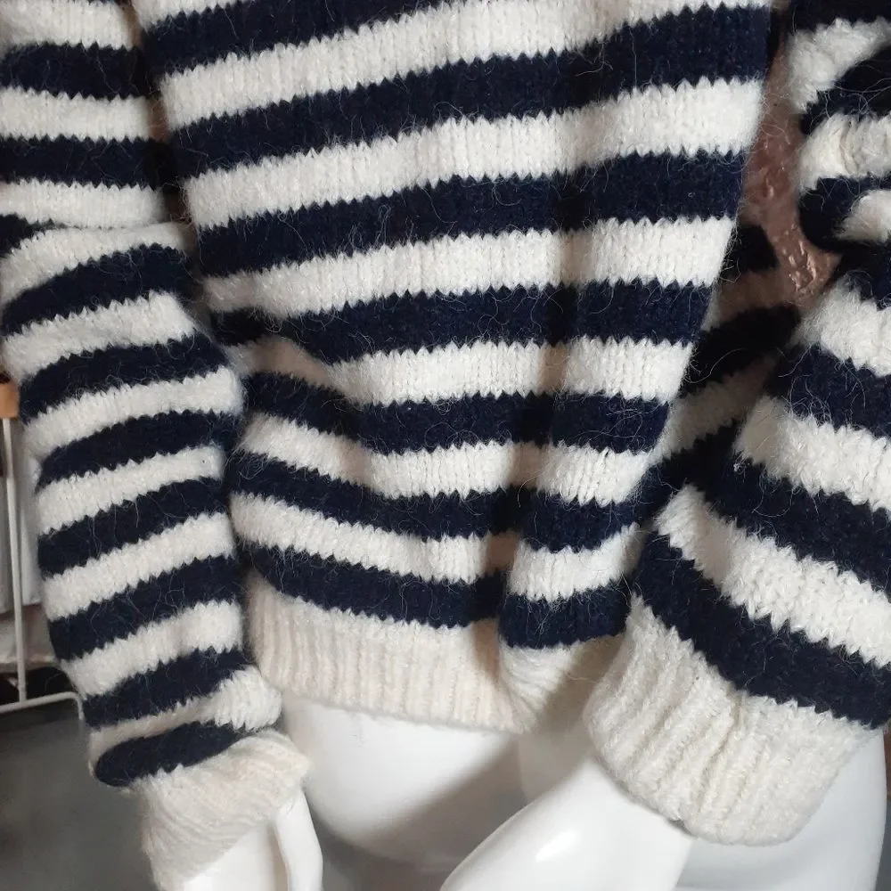 Nwot Zara Wool Blend Cream And Navy Striped Sweater - Picture 5 of 14